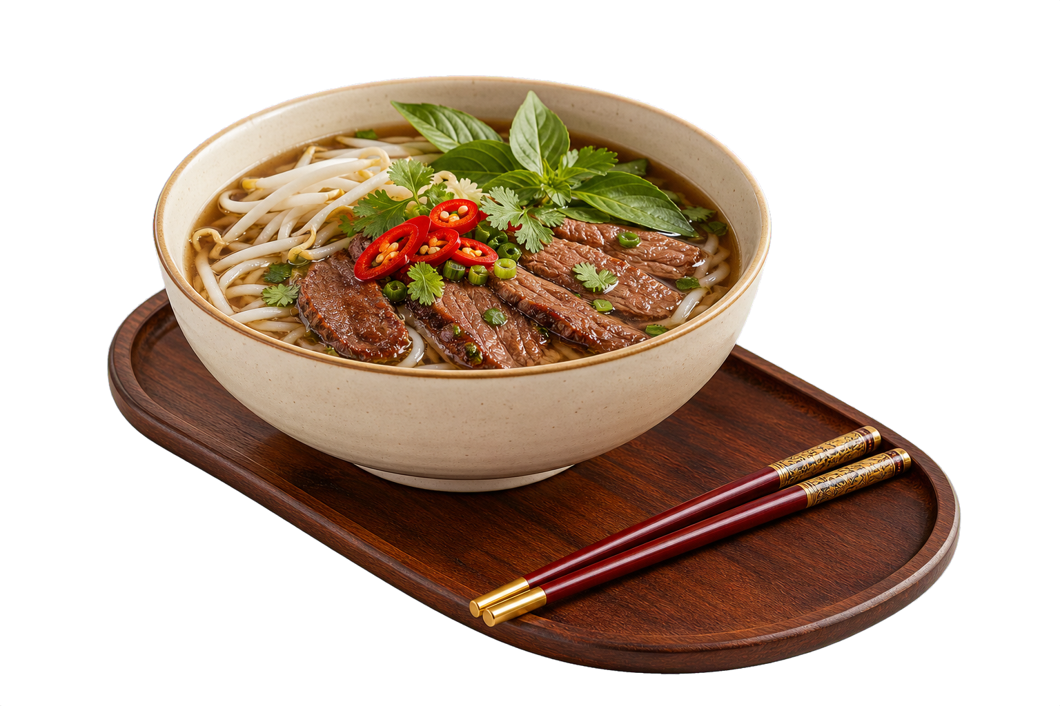 Vietnamese beef noodle bowl on a wooden tray with chopsticks